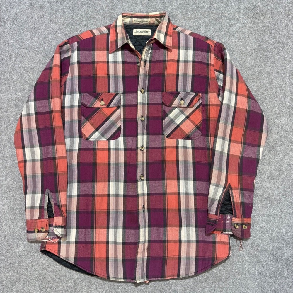 St Johns Bay Mens Large Tall Quilted Flannel Shirt Jacket Plaid Red Purple